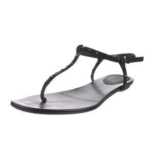 Authentic Gucci Black Leather Rhinestone Embellished Thong Flat Sandals EU 37.5